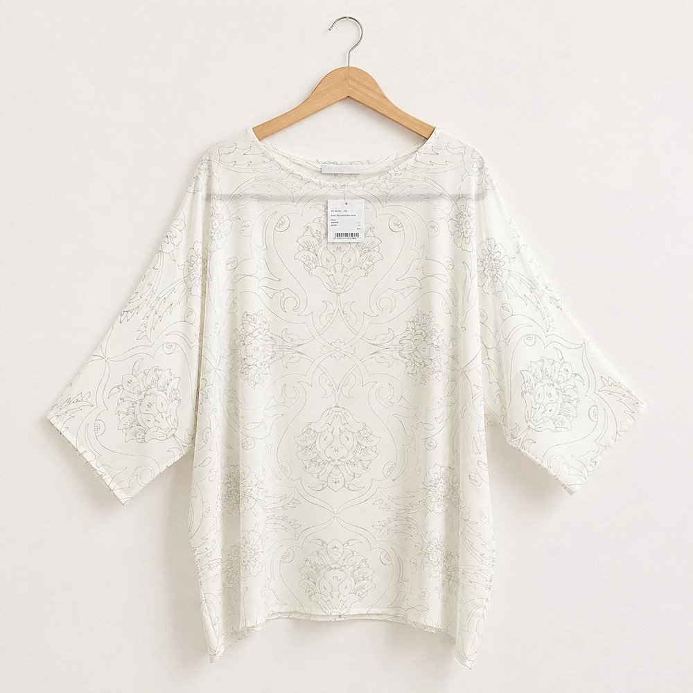 NWT Eskandar Boat Neck Top Long Women M/L White Silk Ottoman Kutahya Pencil Tile